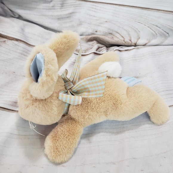 Bearington Baby Tan Blue Bunny Rabbit Plush Stuffed Toy 8 Inch Satin Rattle Bow - Picture 4 of 9